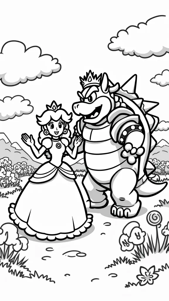 Página para colorear de princesa Peach and Bowser